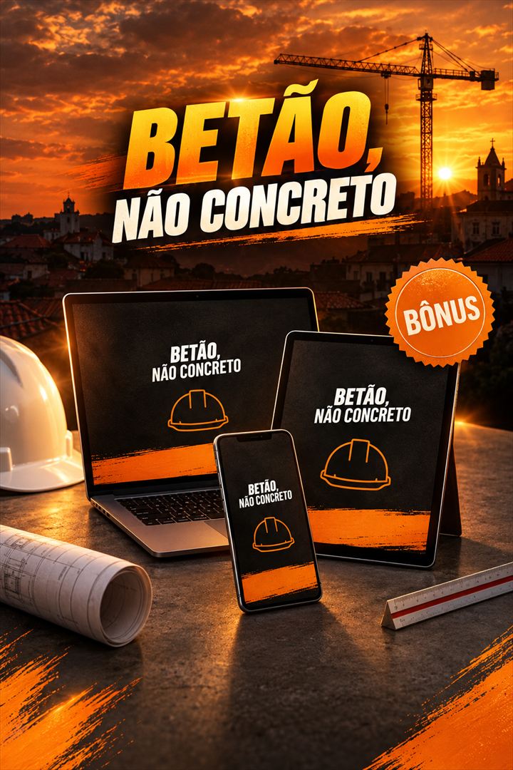 Capa do bônus Betão, não Concreto: o glossário aberto no notebook, no tablet e no celular, com um capacete de obra e Portugal ao fundo